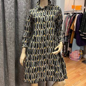 NWT XS Tulip Black/White/Mustard Print Button-Down Dress
